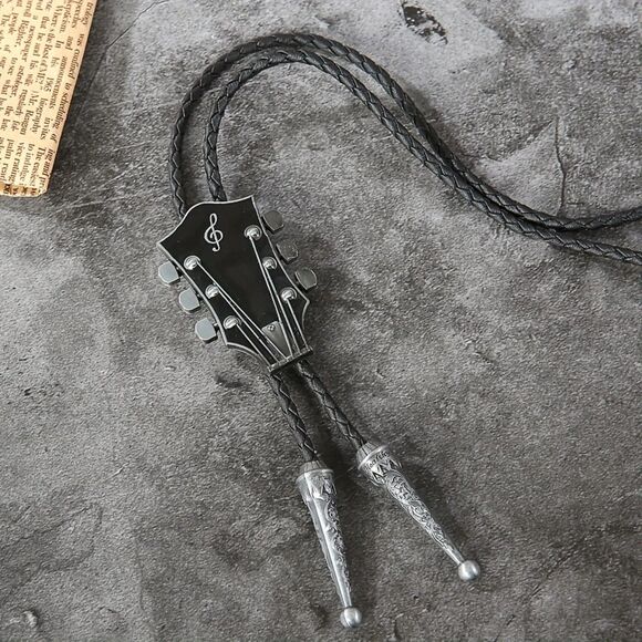 Black & Silver Texas Western Cowboy Guitar Neck Bollo Tie - Braided Cord - Picture 2 of 3